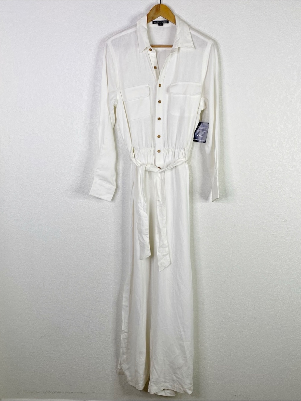 Boston Proper White Linen Blend Long Sleeve Utility Jumpsuit